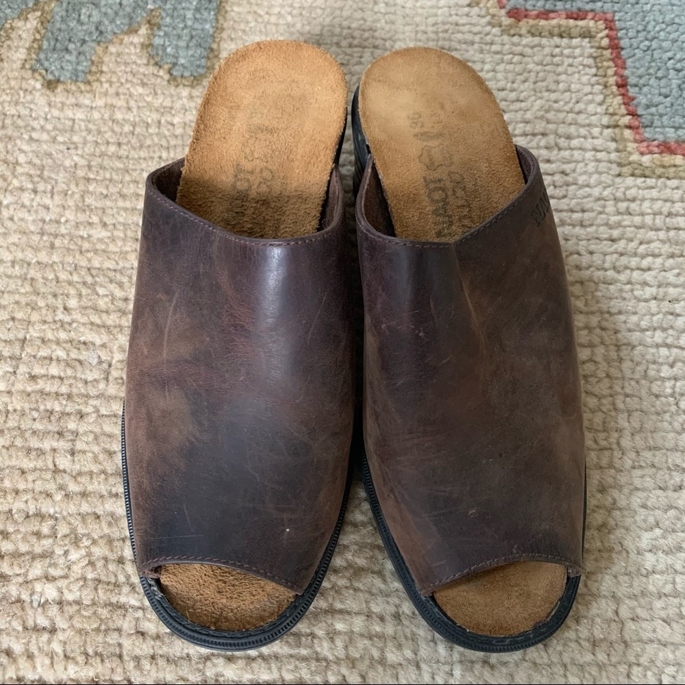 Naot Brown Leather Slip-On Heeled Sandals
